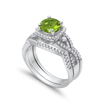 Three Piece Wedding Ring Simulated Peridot CZ 925 Sterling Silver